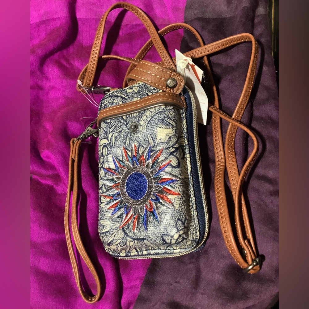 Sakroots Blue and Brown Crossbody Bag with Sunburst Design